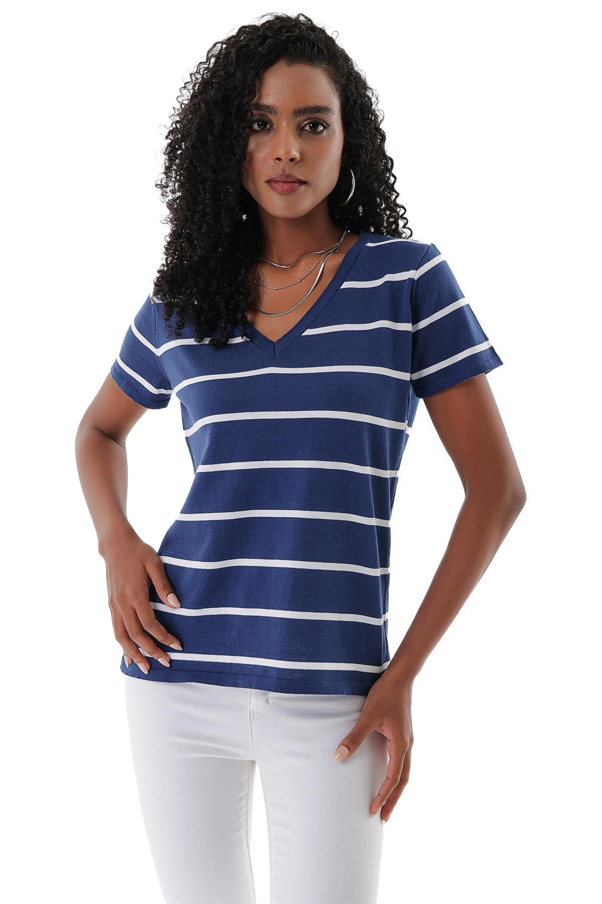 Chuba Kadın V Yaka İnce Çizgili Pamuklu Marin Triko T-Shirt Navy-Beyaz 23S1007
