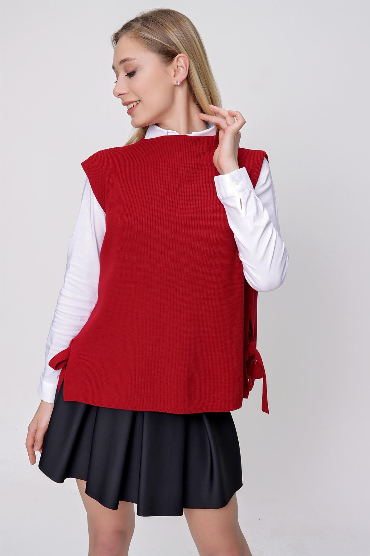 Chuba Kadın Yandan Bağlamalı Triko Süveter Kırmızı 22WK252