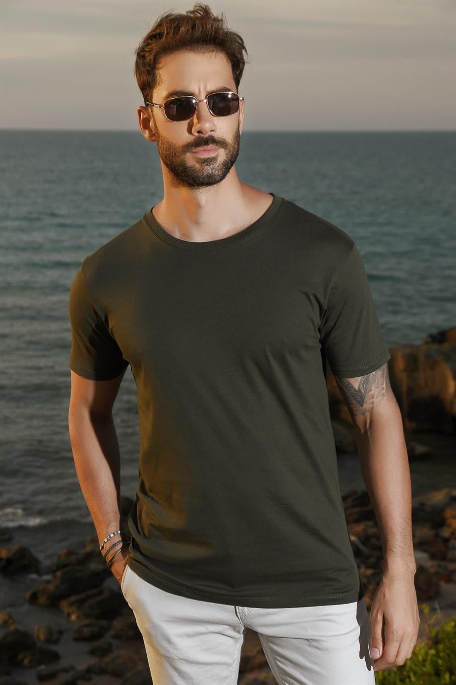 Haki Erkek Bisiklet Yaka  T-Shirt 20S512