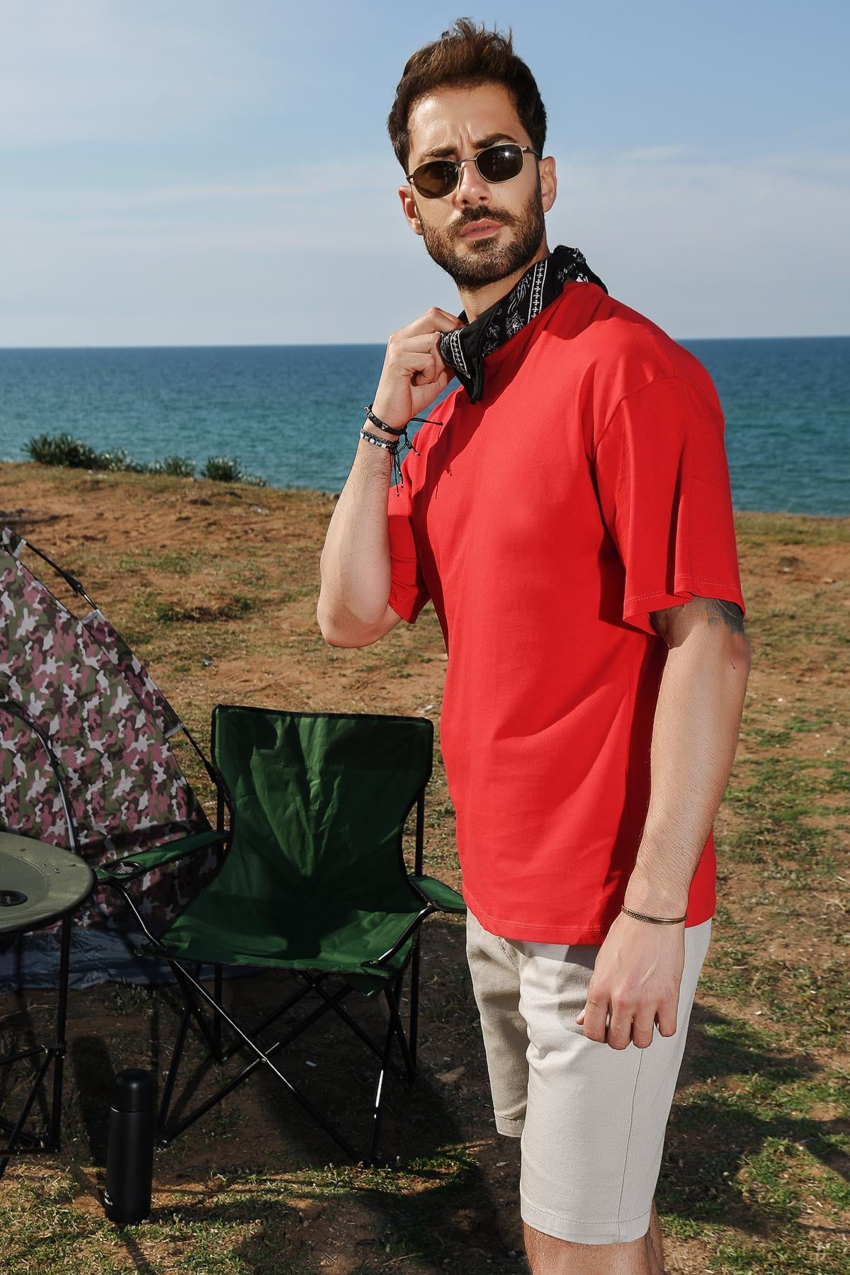 Kırmızı Erkek Bisiklet Yaka Oversize T-Shirt 20S511