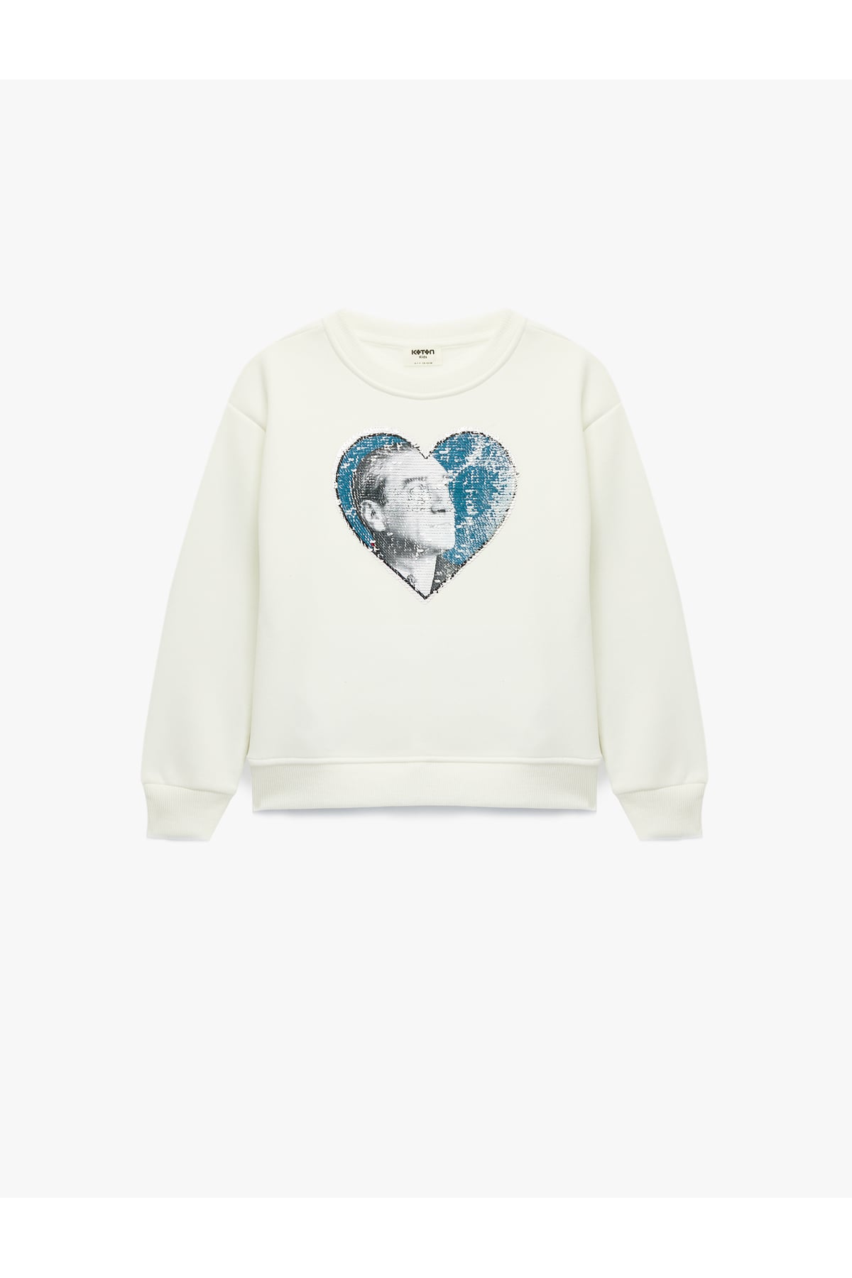 Atatürk Baskılı Uzun Kollu Bisiklet Yaka Pullu Payetli Şardonlu Sweatshirt