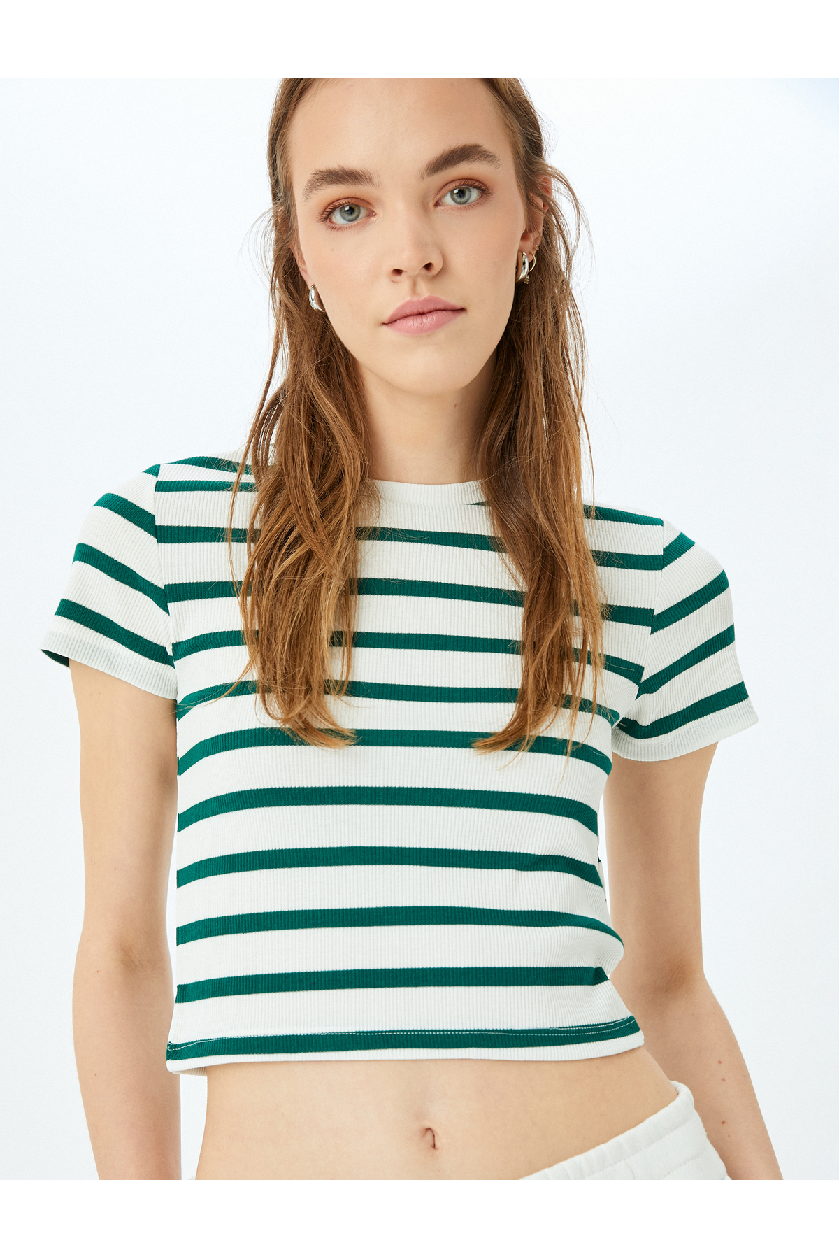 Basic Çizgili Bisiklet Yaka Kısa Kollu Kaşkorse Slim Fit Kadın Tişört