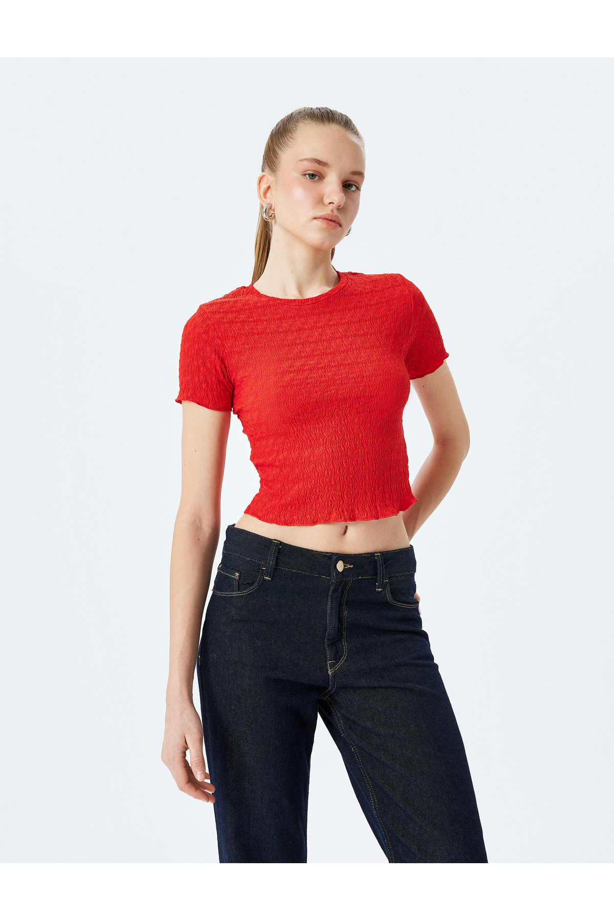 Basic Kısa Kollu Bisiklet Yaka Dokulu Crop Tişört Bürümcük