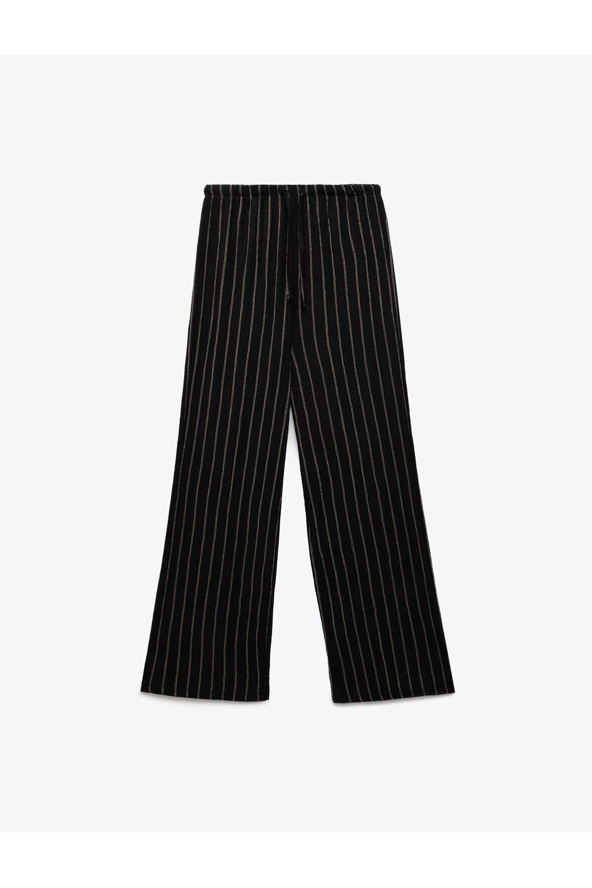 Beli Bağcıklı Çizgili Düz Uzun Paça Pantolon