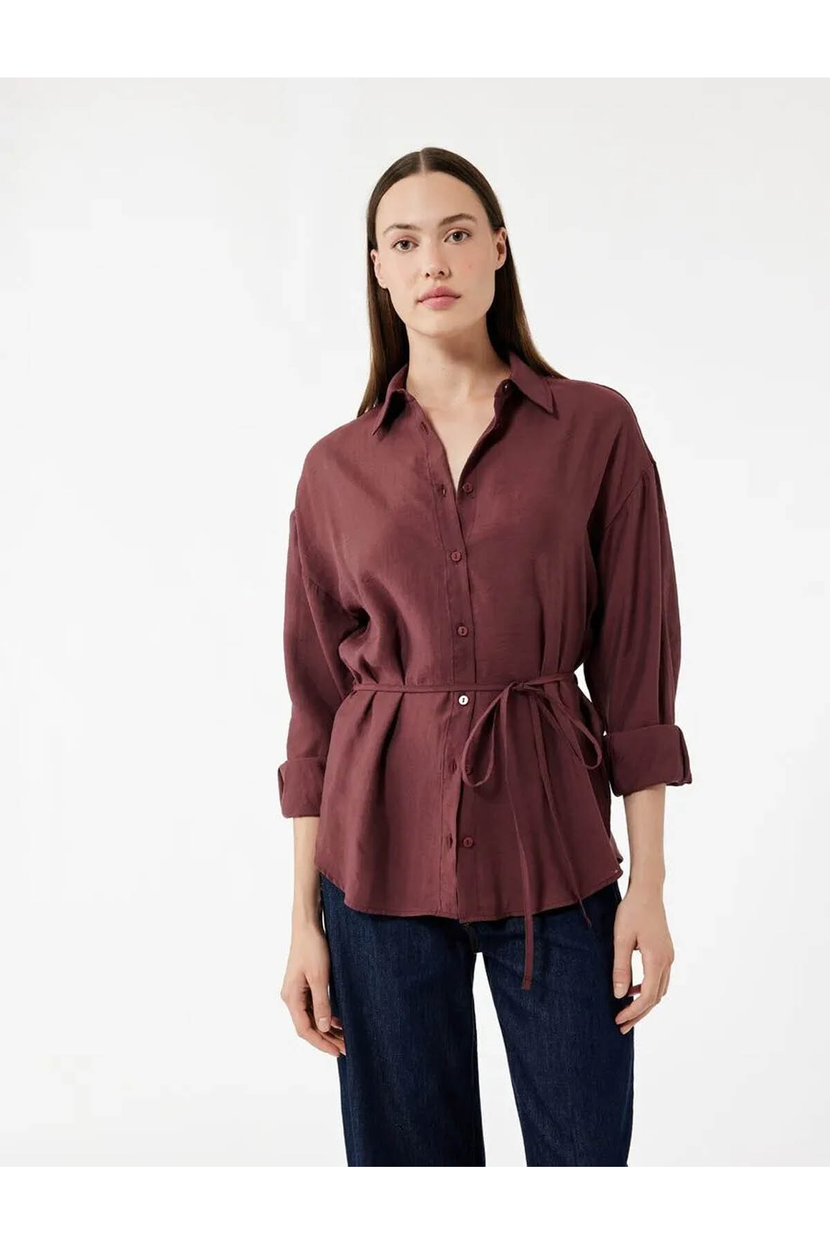 Beli Bağlama Detaylı Oversize Bordo Kadın Gömlek 6WAK60017PW