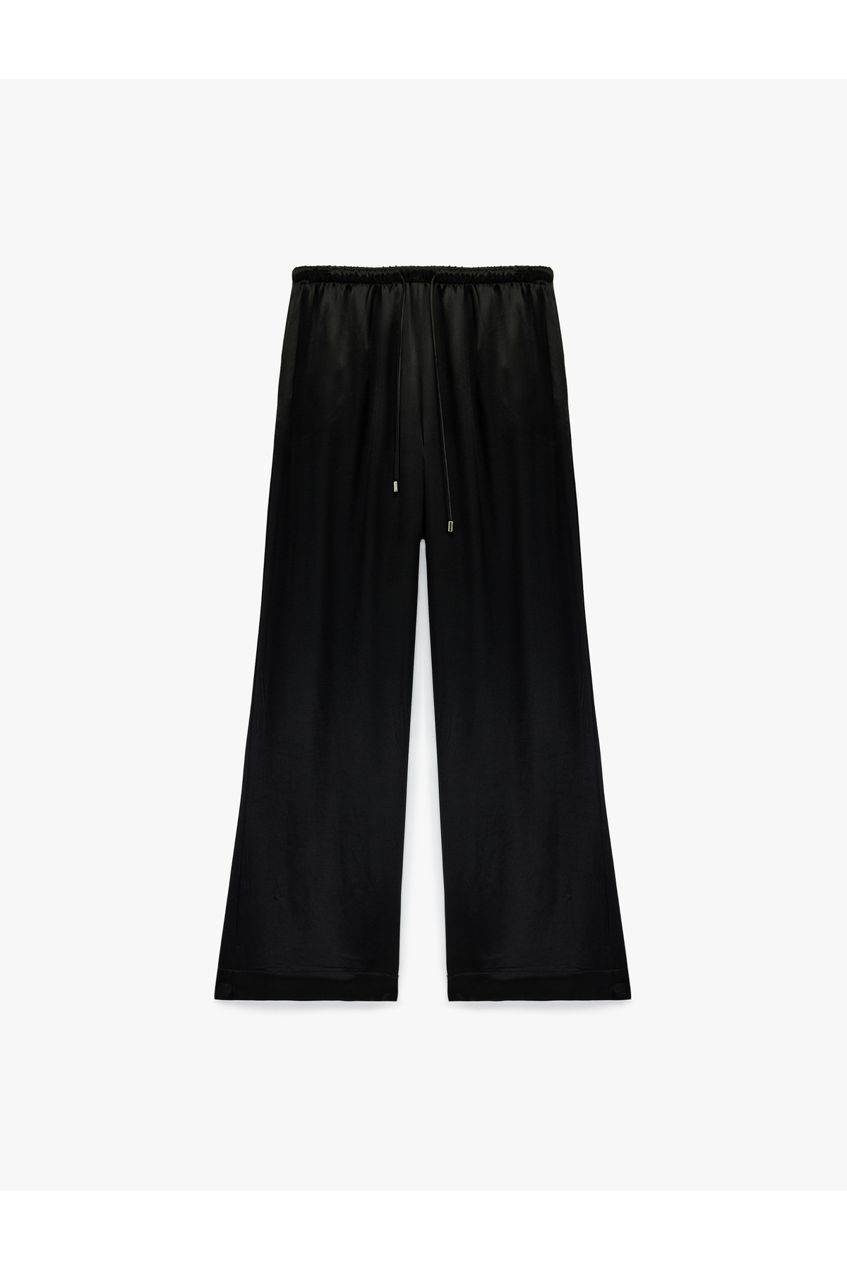 Beli Bağlamalı Düz Bol Paça Saten Pantolon