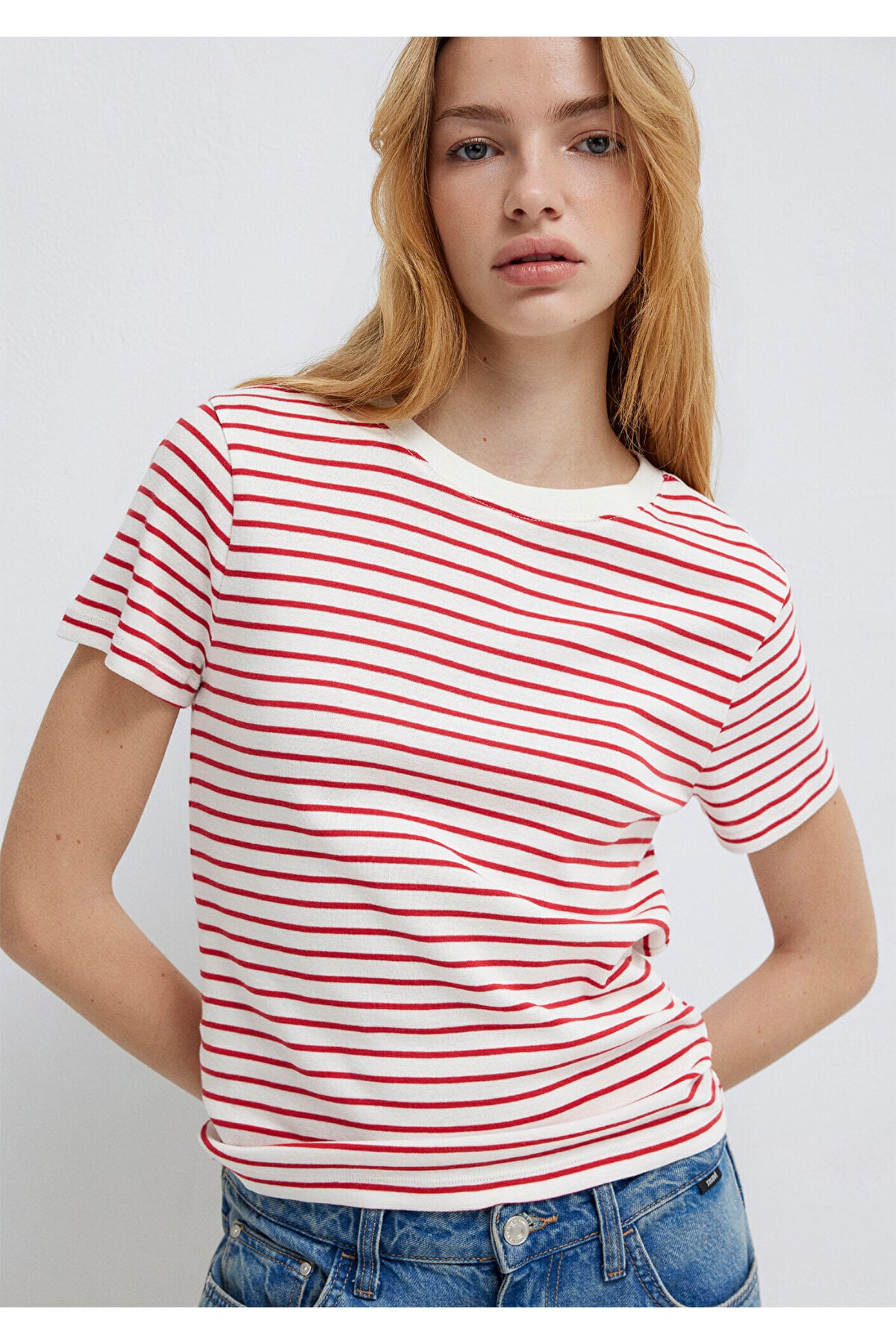 Bisiklet Yaka Çizgili Kırmızı Tişört Slim Fit / Dar Kesim 1612881-86680