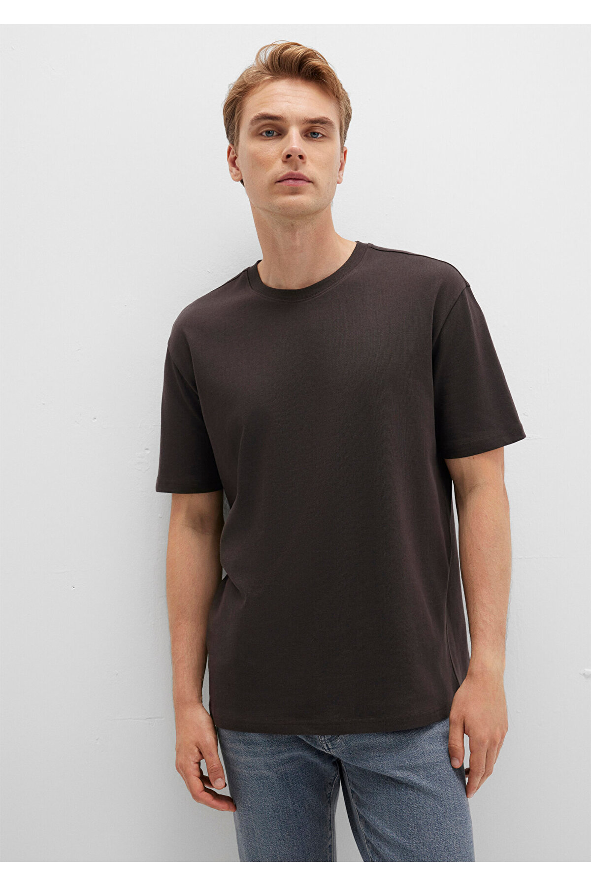 Bisiklet Yaka Kahverengi Basic Tişört Loose Fit / Bol Rahat Kesim 0611596-70219