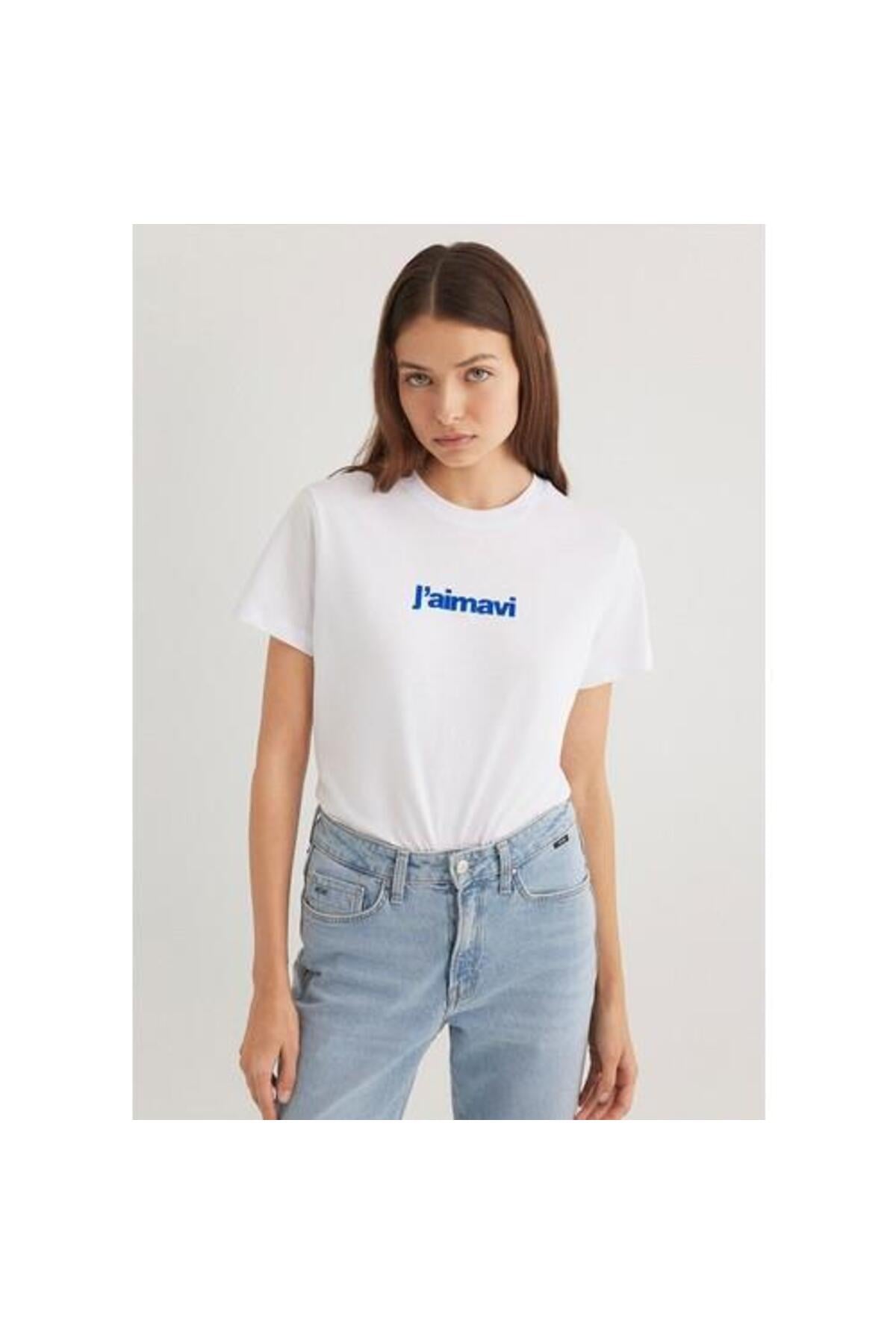 Bısıklet Yaka Logo Beyaz Kadın T-Shirt M1612242-620
