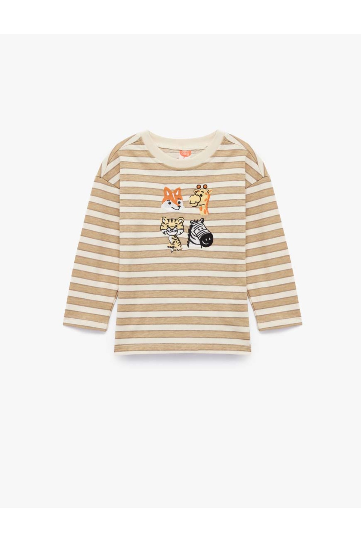 Bisiklet Yaka Nakış Detaylı Çizgili Ekru Erkek Bebek Uzun Kollu T-shirt 6WMB10174TK
