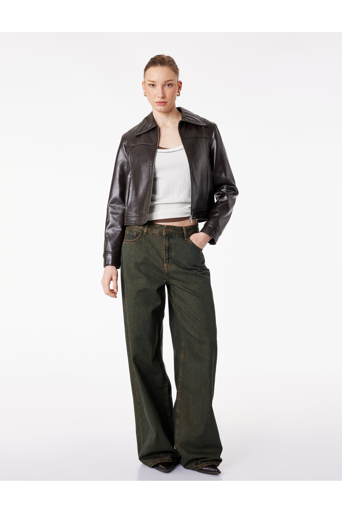 Bol Kalıp Düğmeli Cepli Yıkamalı Geniş Paça Denim Pantolon - Loose Straight Fit Jean