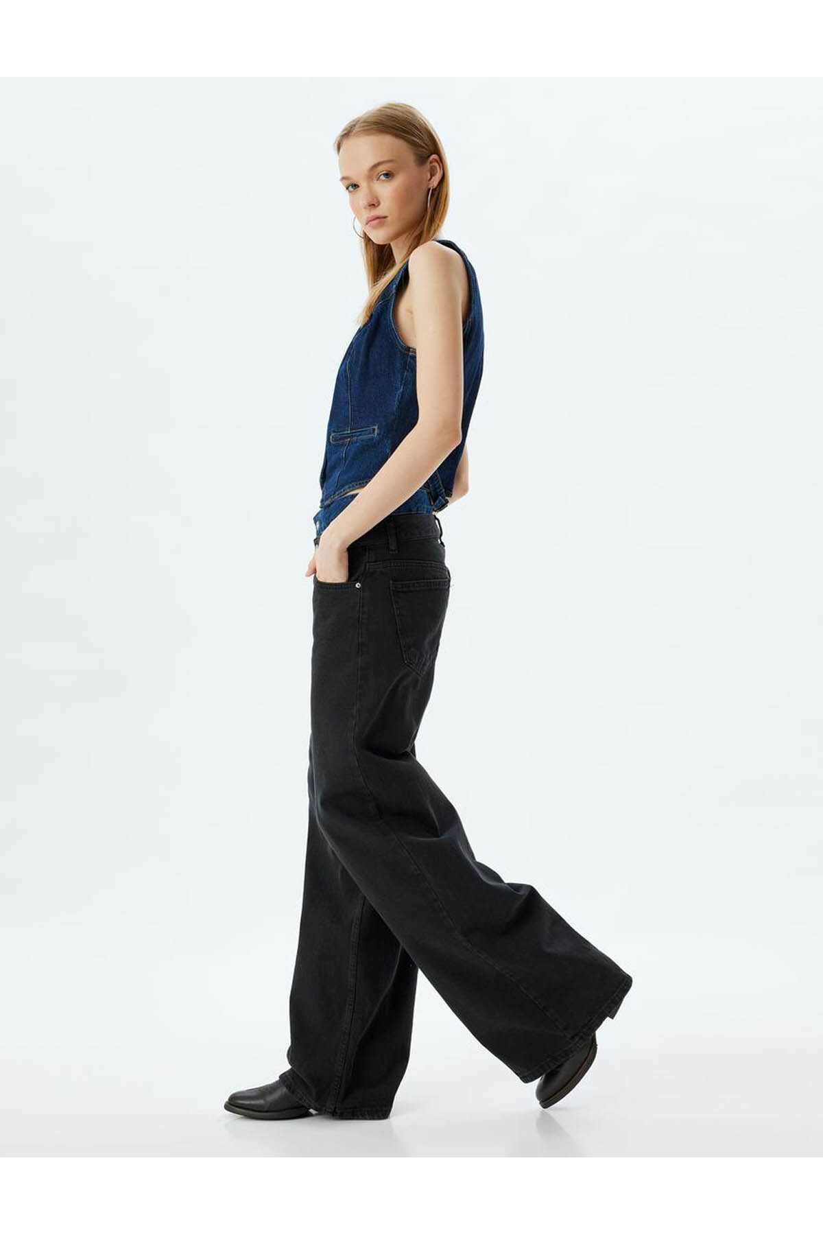 Bol Kesim Kot Pantolon Çift Bel Detaylı Düğmeli - Loose Straight Fit Jean