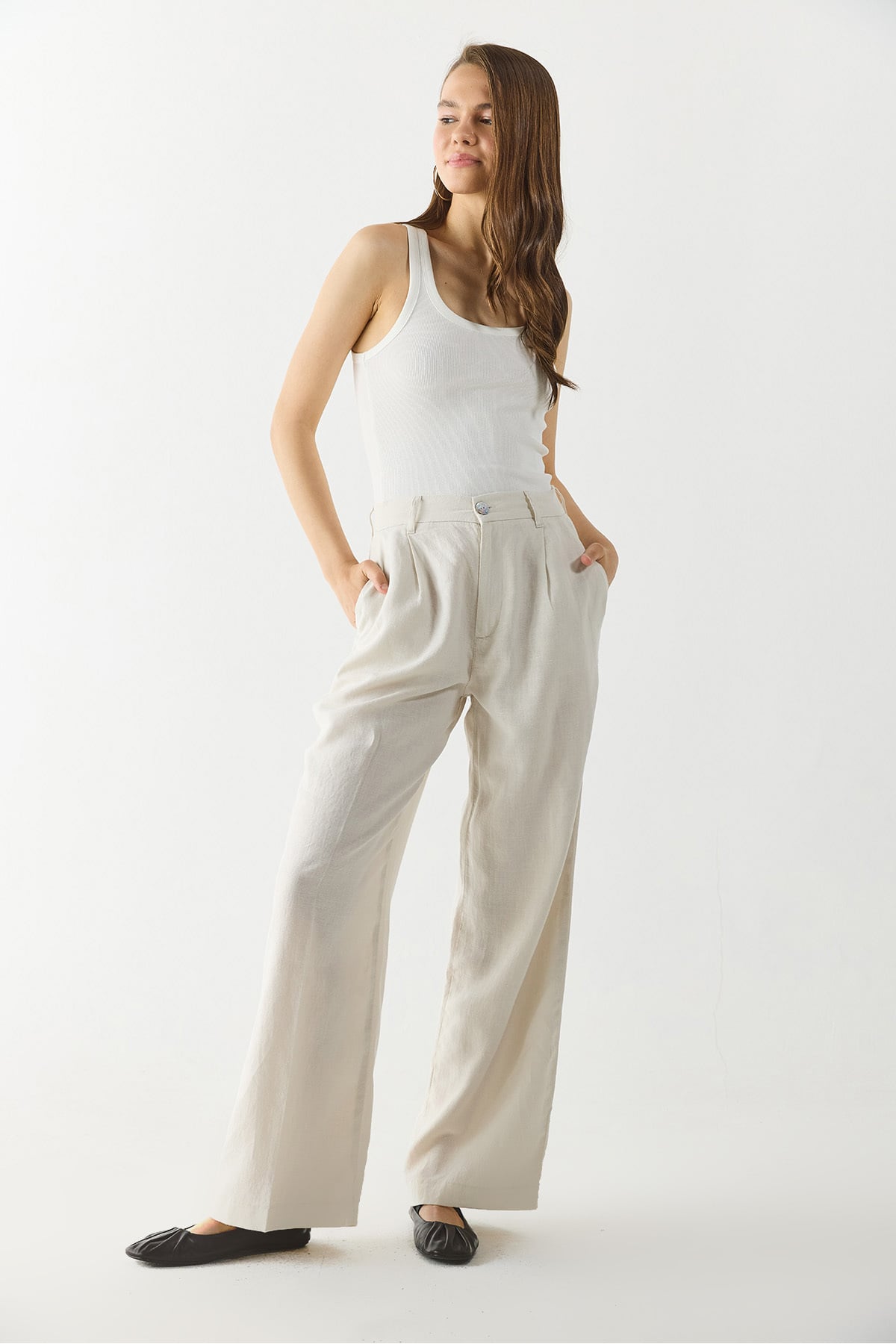 Chloe Wide Leg Keten Palazzo Pantolon - Ekru