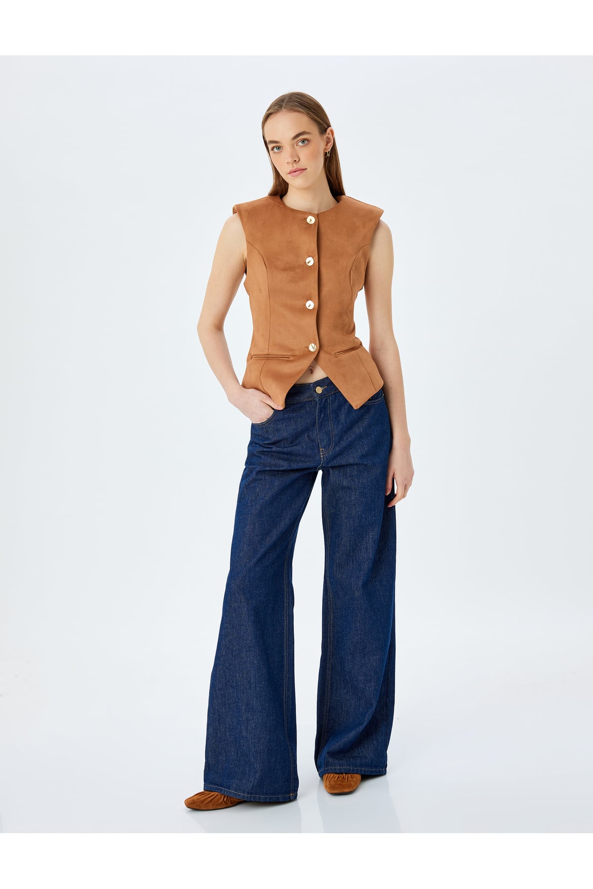 Düğmeli Fleto Cepli Bisiklet Yaka Slim Fit Yelek
