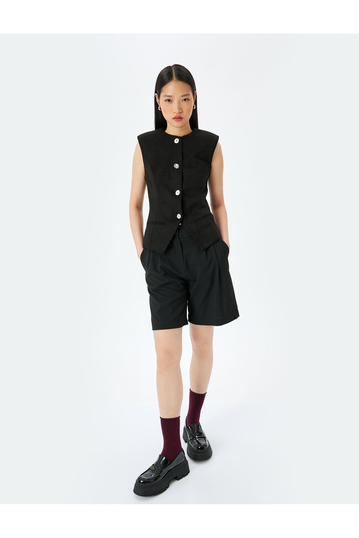 Düğmeli Fleto Cepli Bisiklet Yaka Slim Fit Yelek