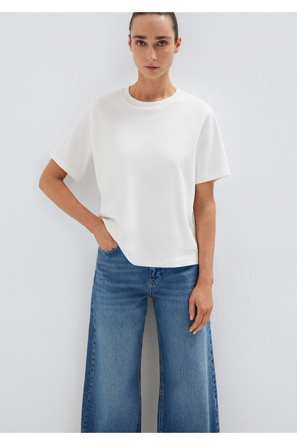 Ekru Basic İnterlok Tişört Loose Fit / Bol Rahat Kesim 1613820-70057