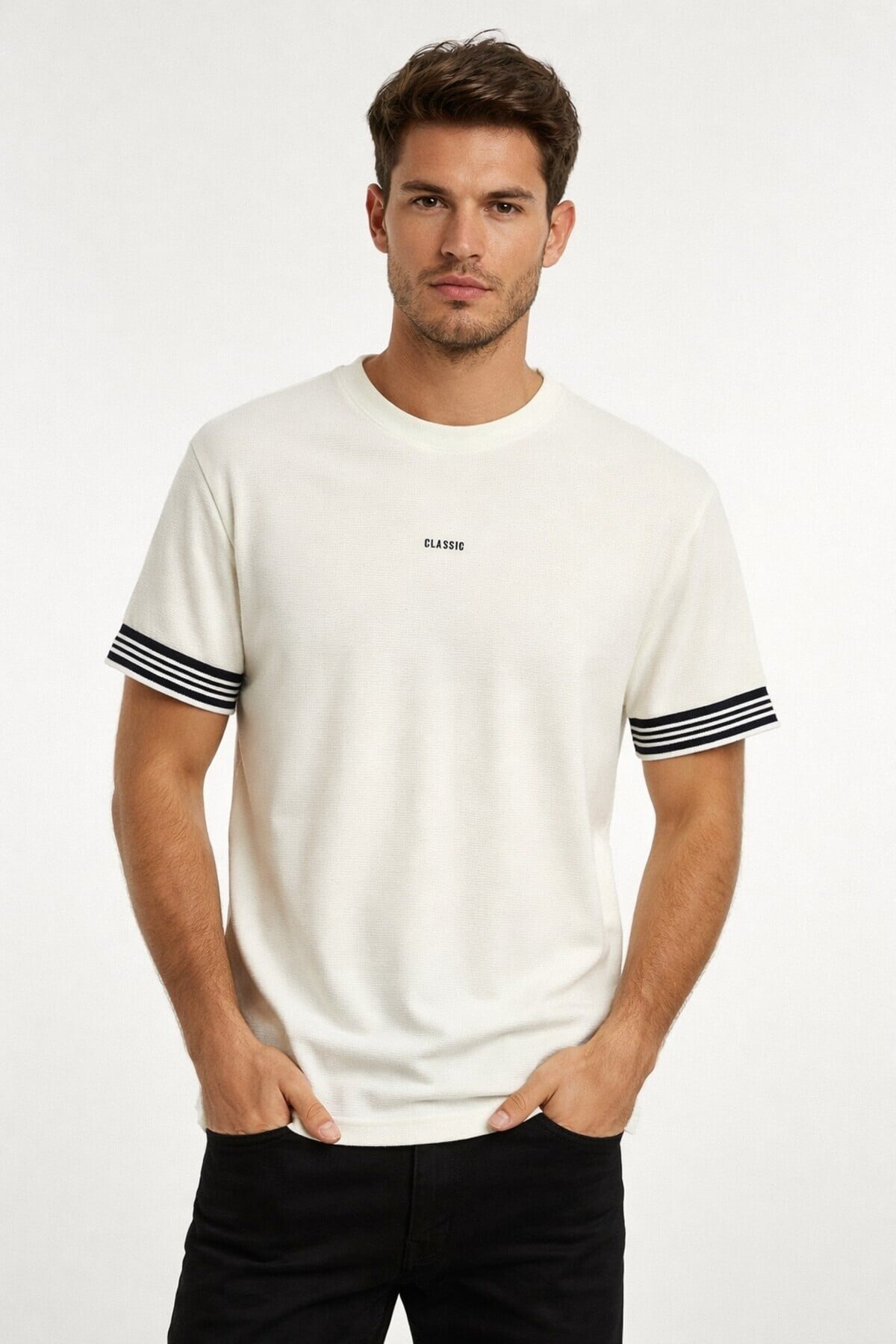 Erkek T-shirt Dokuma Kısa Kol 44710 Ekru