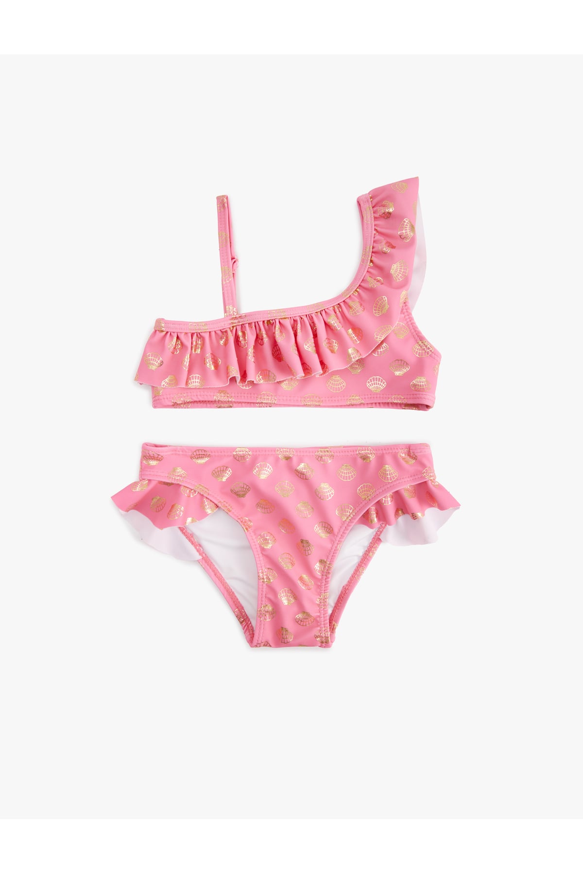 Fırfırlı Parlak Baskılı Tek Omuz İnce Askılı Bikini Takımı