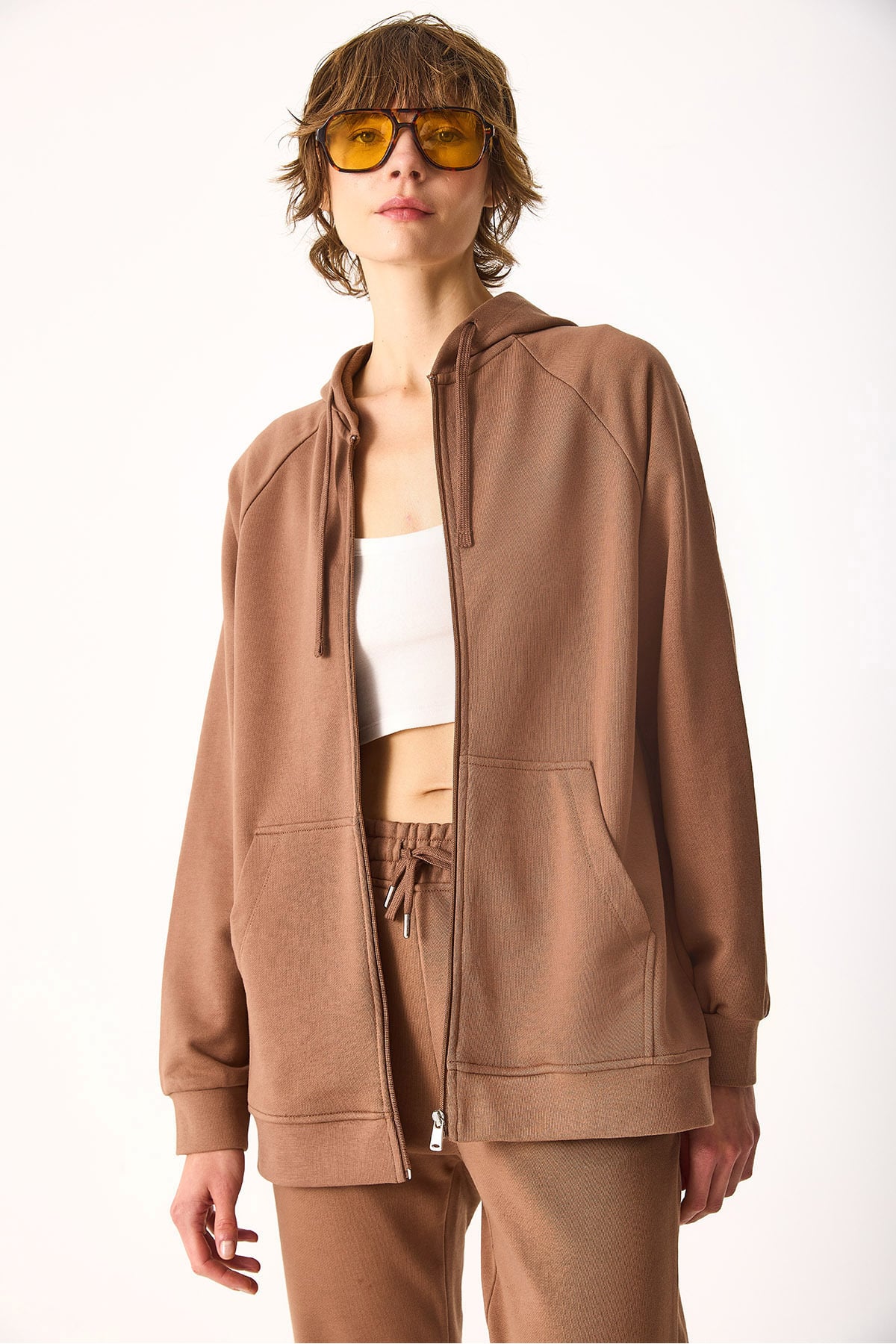 Kadın Grace Kapüşonlu Fermuarlı Regular Fit Basic Sweatshirt %100 Pamuk - Kahverengi