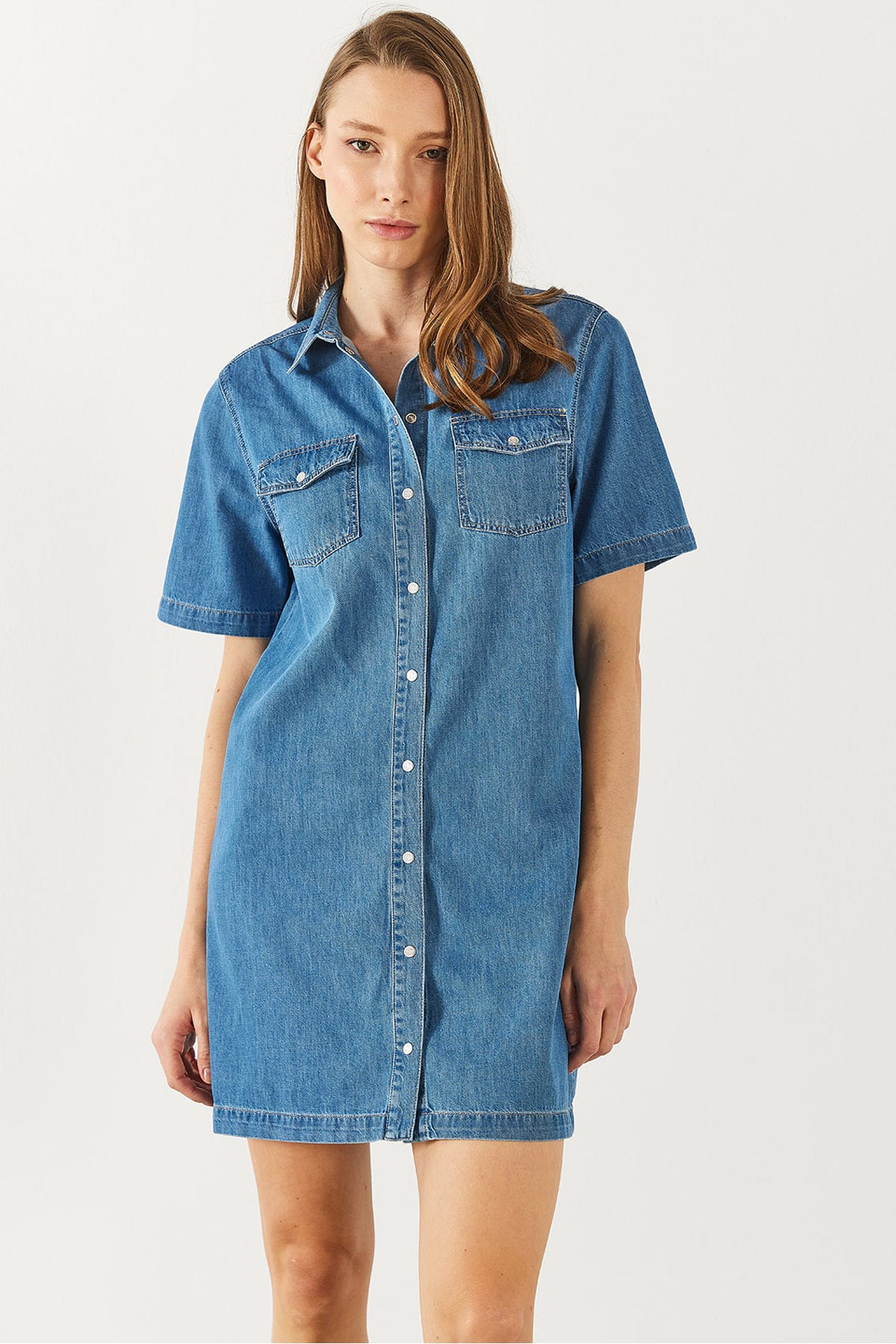 Kadın Kısa Kollu Med Blue Jean Gömlek Elbise %100 Pamuk - Med Blue