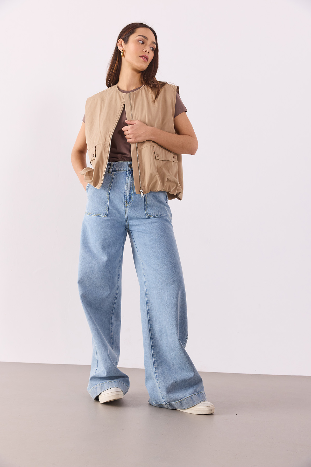 Kadın Leila Beli Lastikli Wide Leg Lyocell Sky Blue Jean Pantolon - Sky Blue