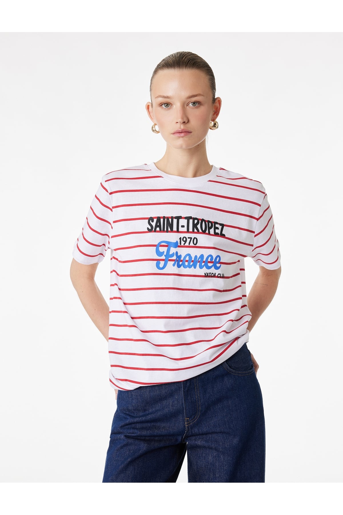 Kadın T-shirt 6SAK50097EK KIRMIZI ÇİZGİLİ