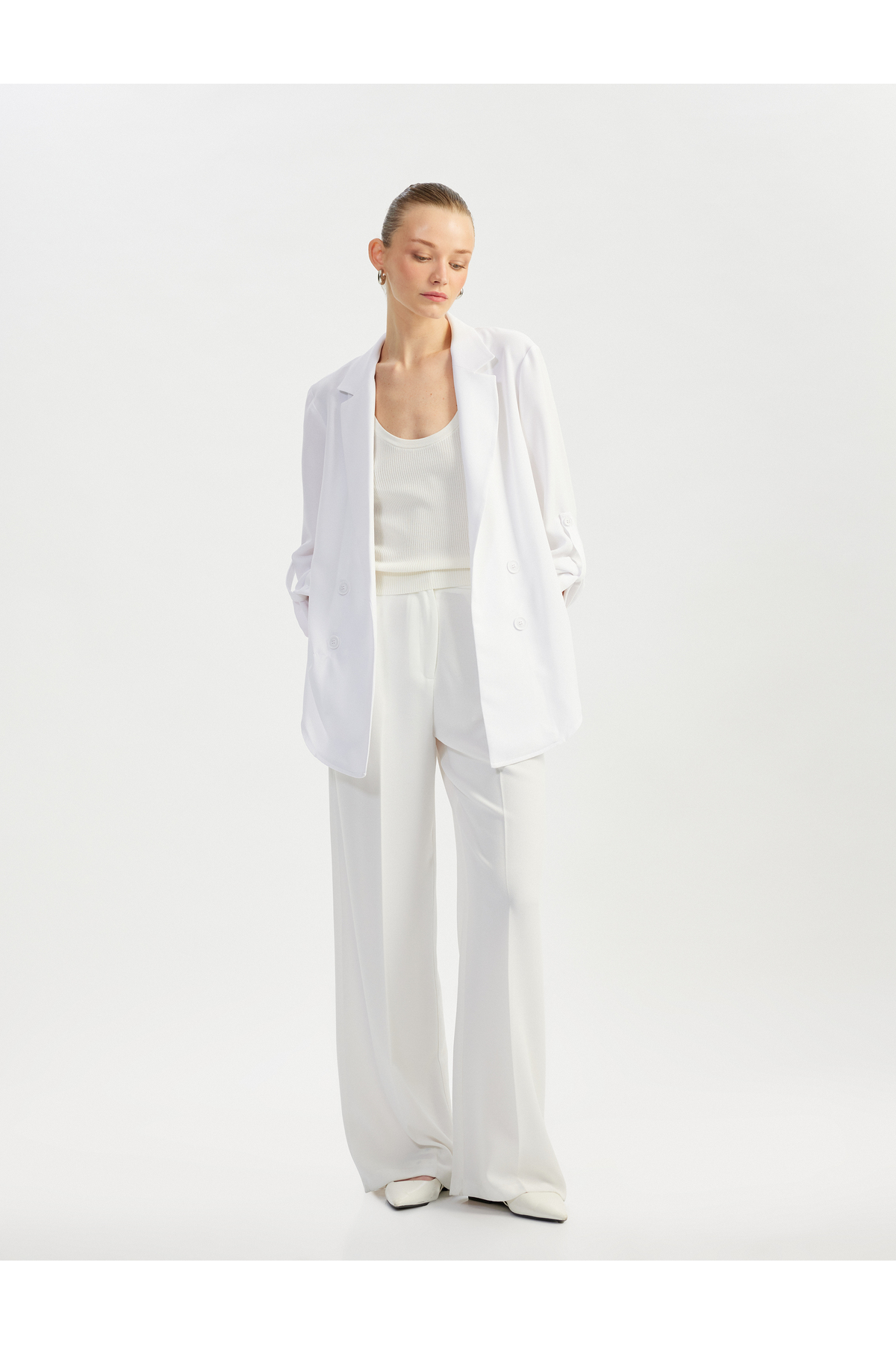 Katlama Detaylı Krep Kumaş 3/4 Kol Kruvaze Uzun Oversize Blazer Ceket