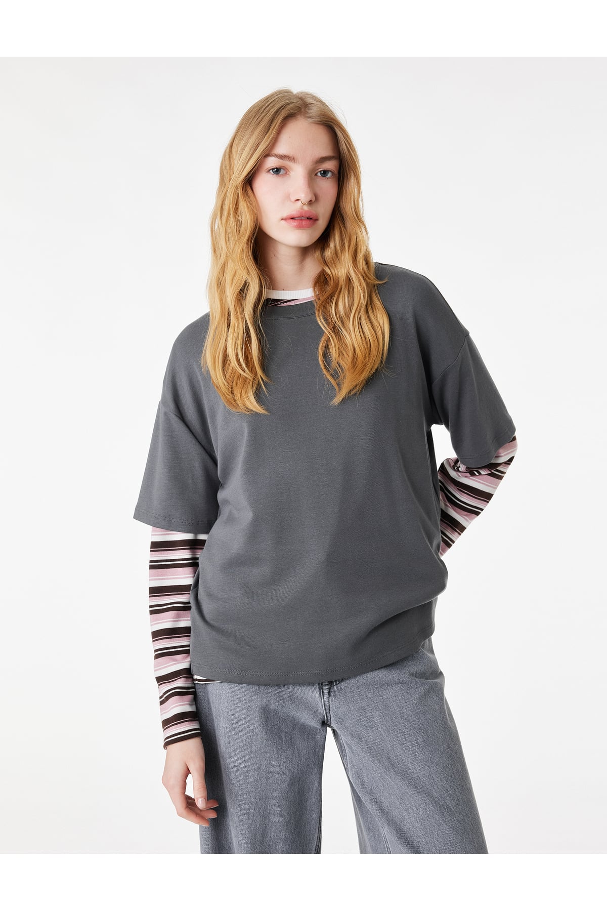 Kısa Kollu Bisiklet Yaka Modal Karışımlı Basic Oversize Tişört