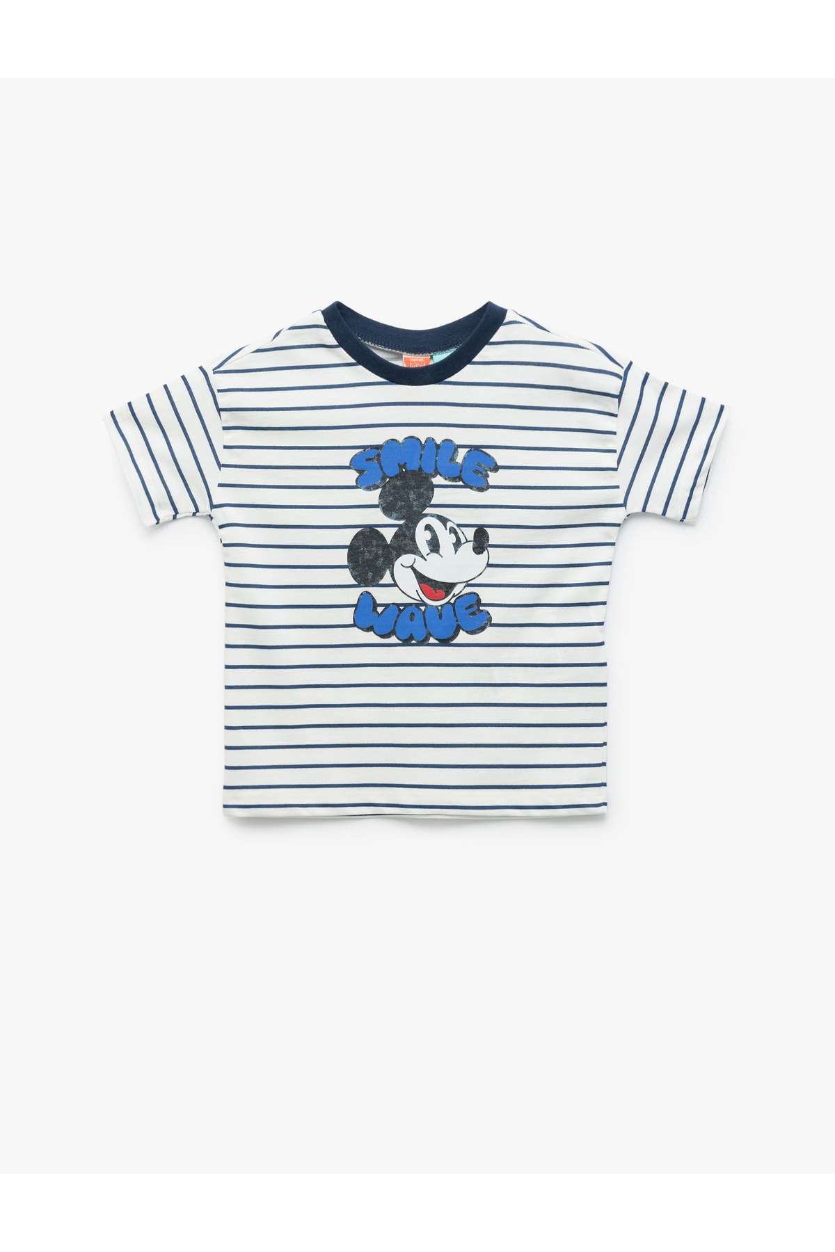 Kısa Kollu Bisiklet Yaka Pamuklu Çizgili Lisanslı Mickey Mouse Tişört
