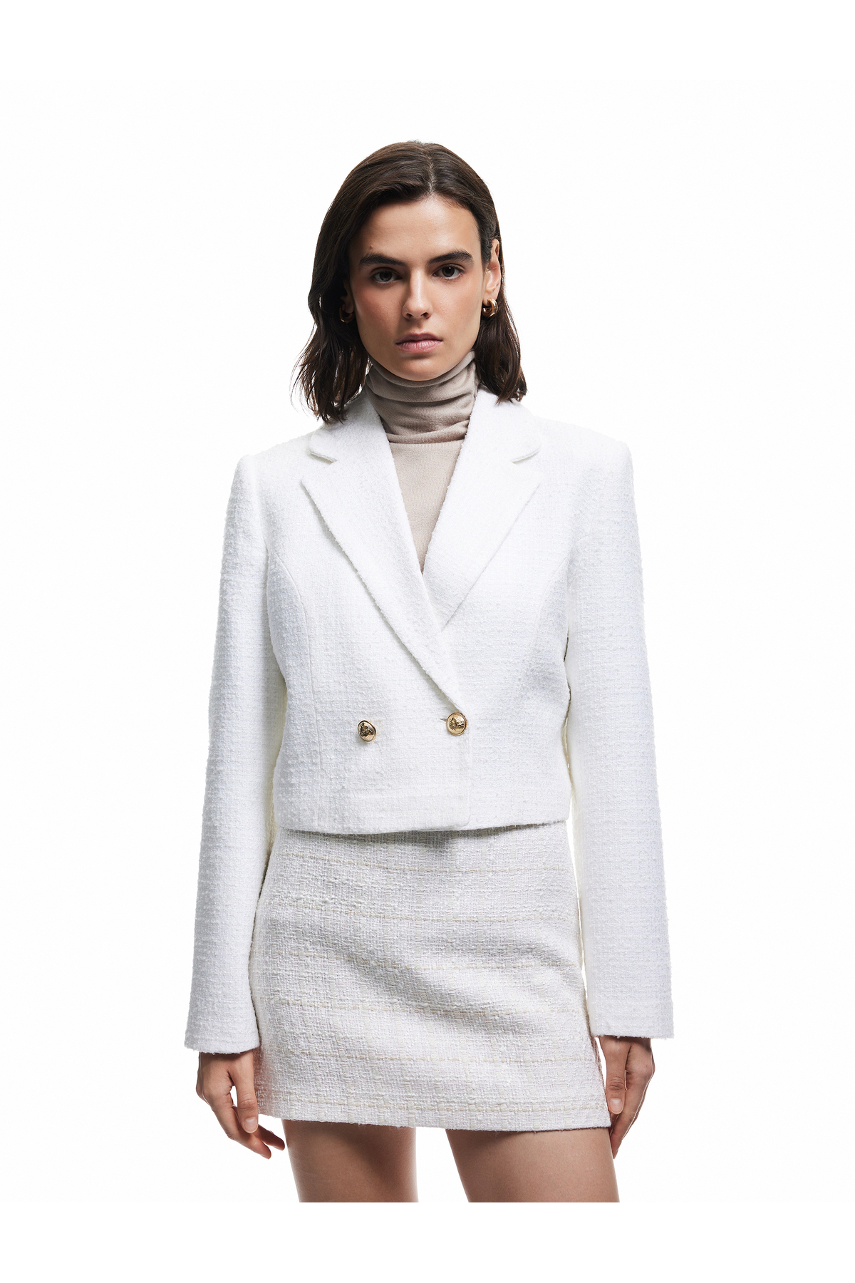 Kruvaze Uzun Kollu Tüvit Crop Blazer Ceket