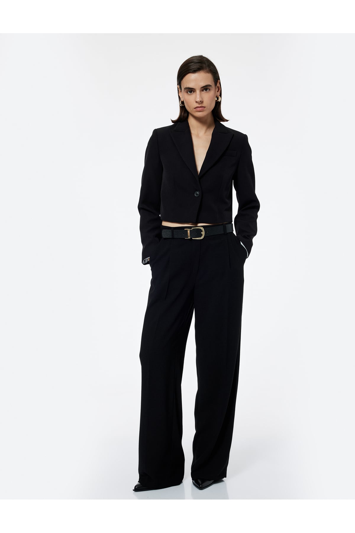 Kruvaze Yaka Uzun Kollu Crop Blazer Ceket