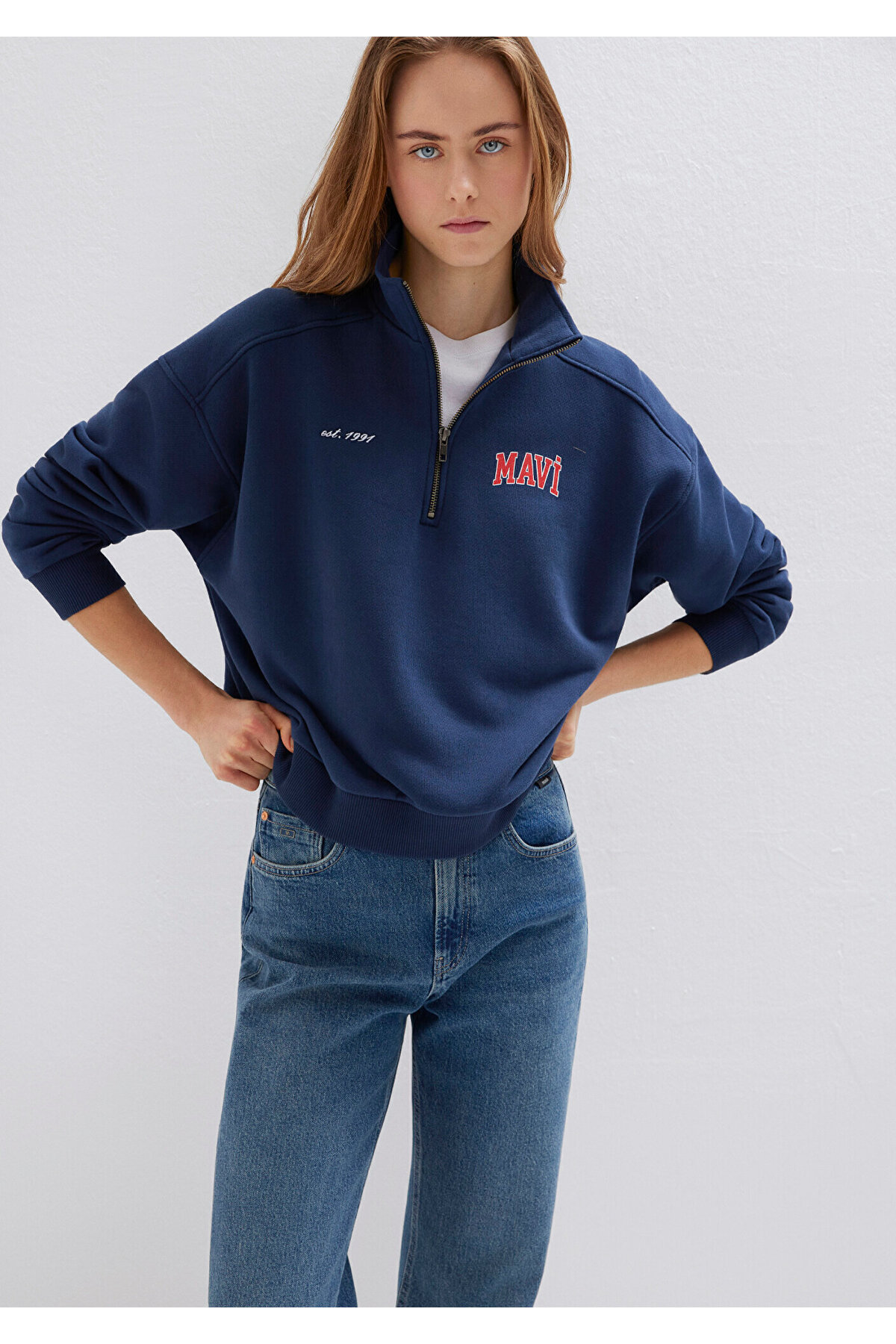 Logo Baskılı Yarı Fermuarlı Lacivert Sweatshirt 1S10373-70488