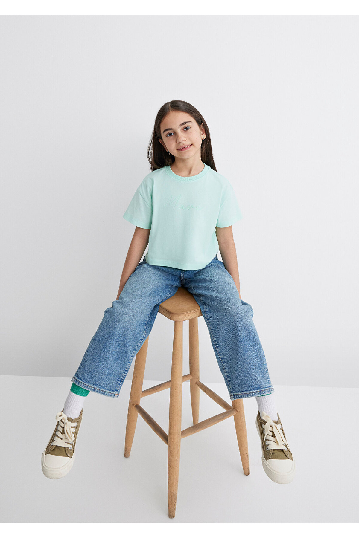 Logo Baskılı Yeşil Crop Tişört Loose Fit / Bol Rahat Kesim 7610181-71676