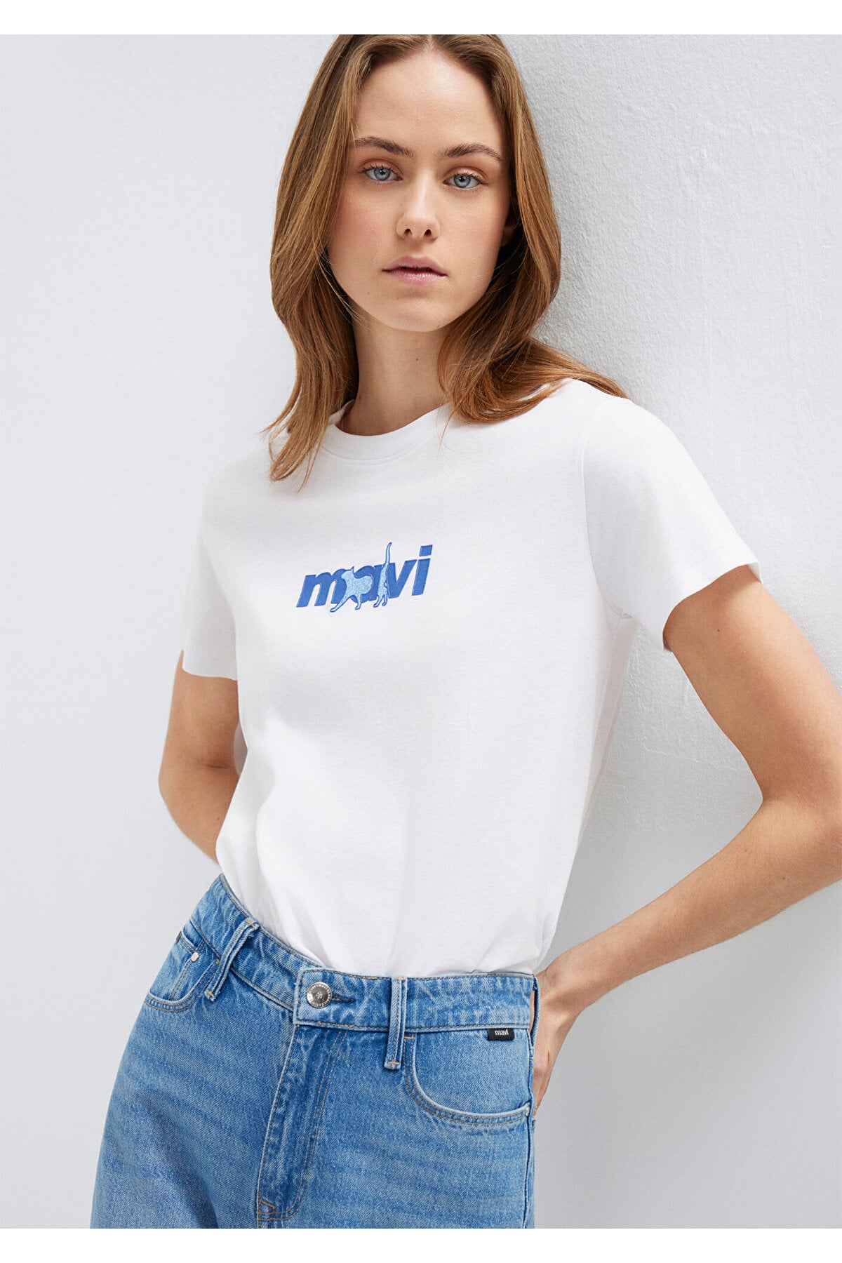 Mavi Baskılı Tişört Beyaz