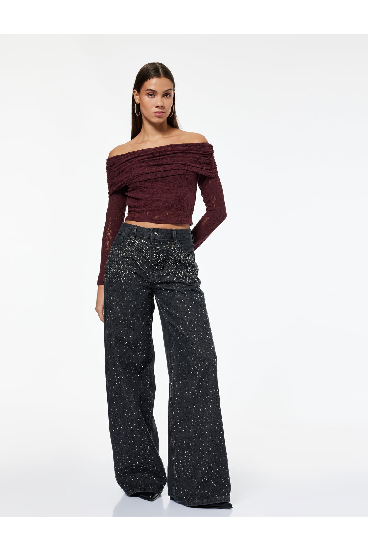 Normal Bel Bol Paça Taşlı Jean Pantolon - Loose Straight Fit Jean