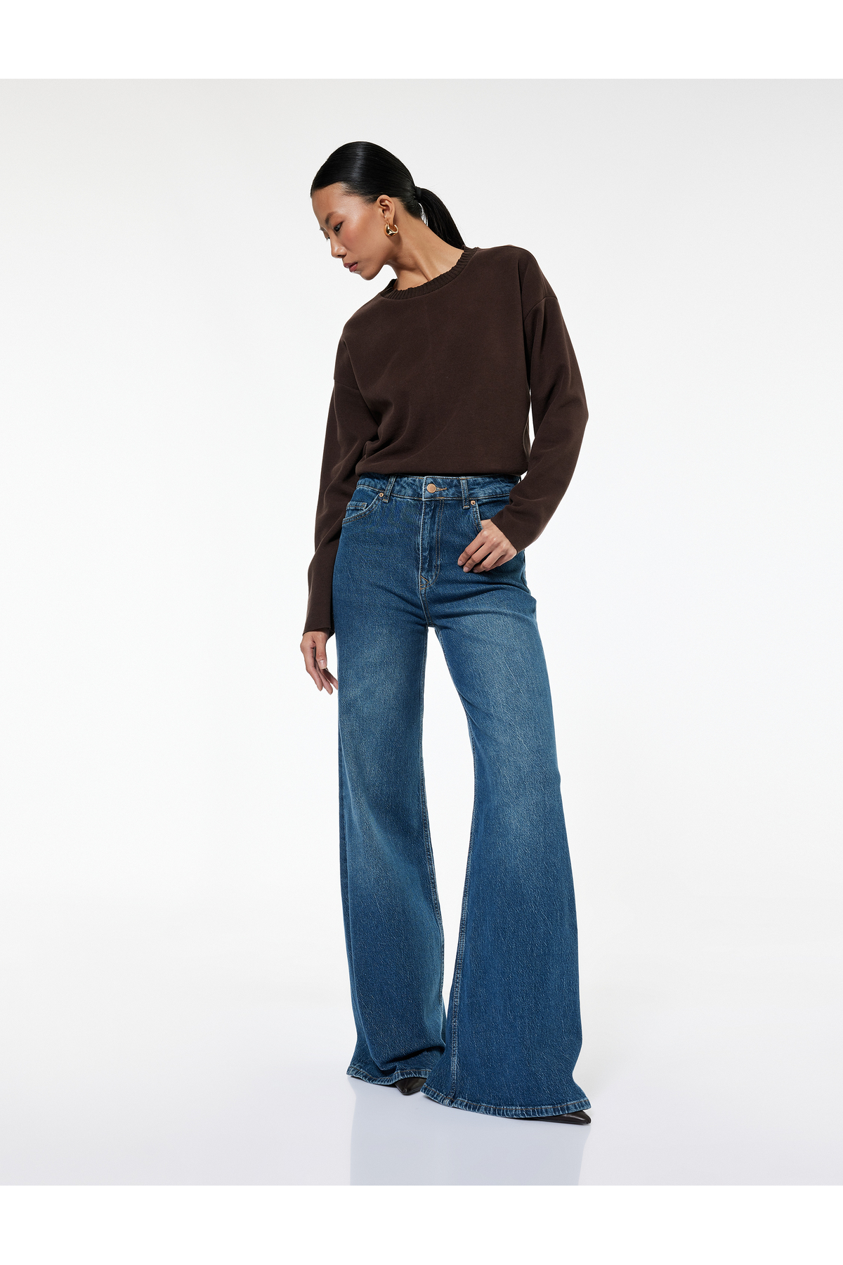Normal Bel Düğmeli Cepli Geniş İspanyol Paça Jean Pantolon - Wide Flare Jean