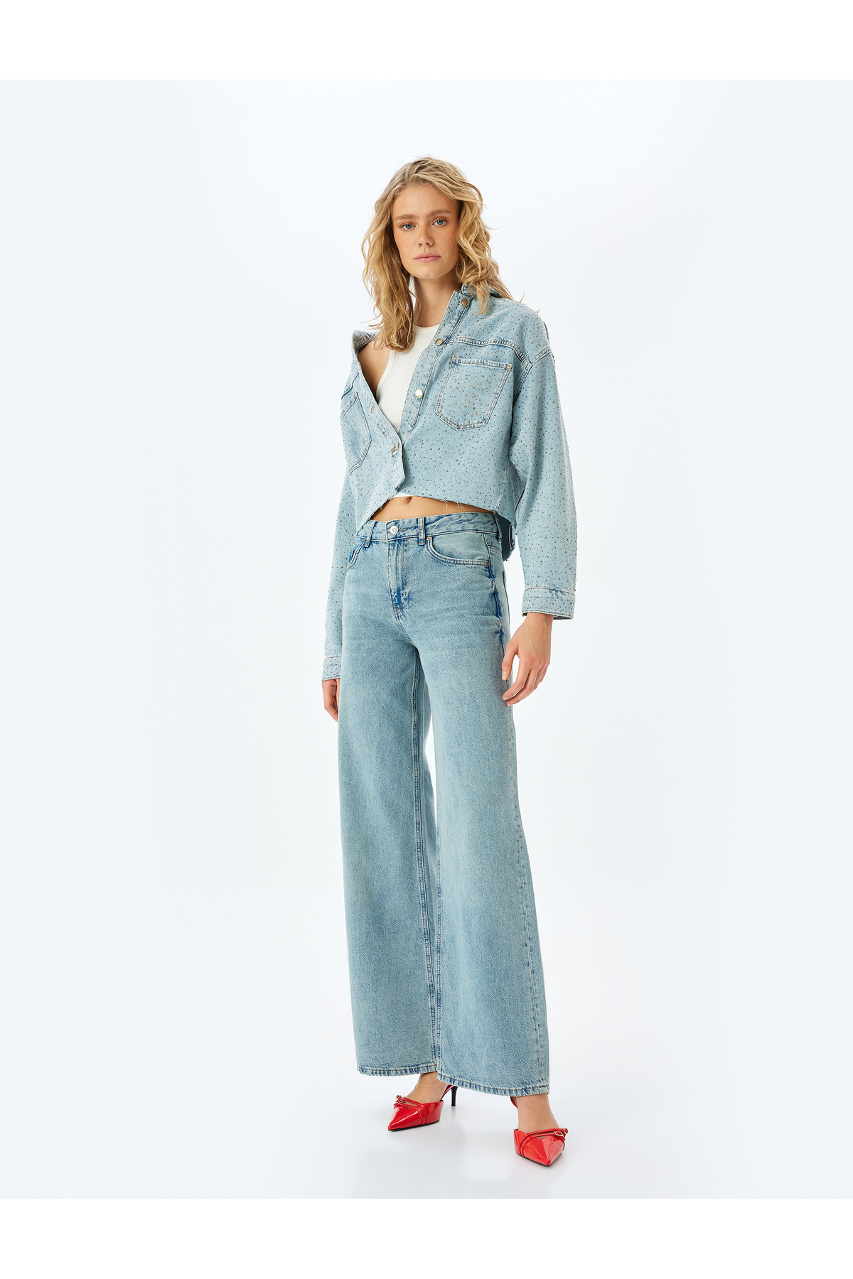 Normal Bel Geniş Paça Düğmeli Kot Pantolon  -  Wide Leg Jeans