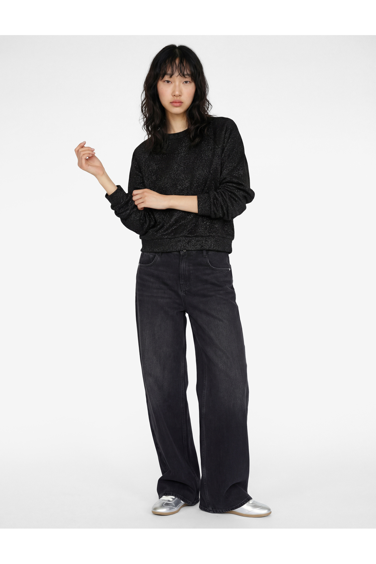Oversize Uzun Kollu Simli Bisiklet Yaka Sweatshirt