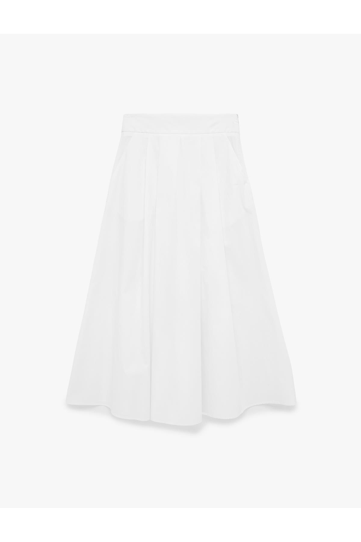 Pamuklu Pileli Cepli Midi Poplin Kloş Etek