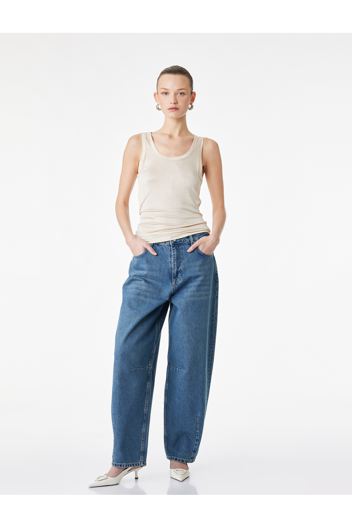 Pamuklu Rahat Kalıp Normal Paça Balon Denim Pantolon -Balloon Jean