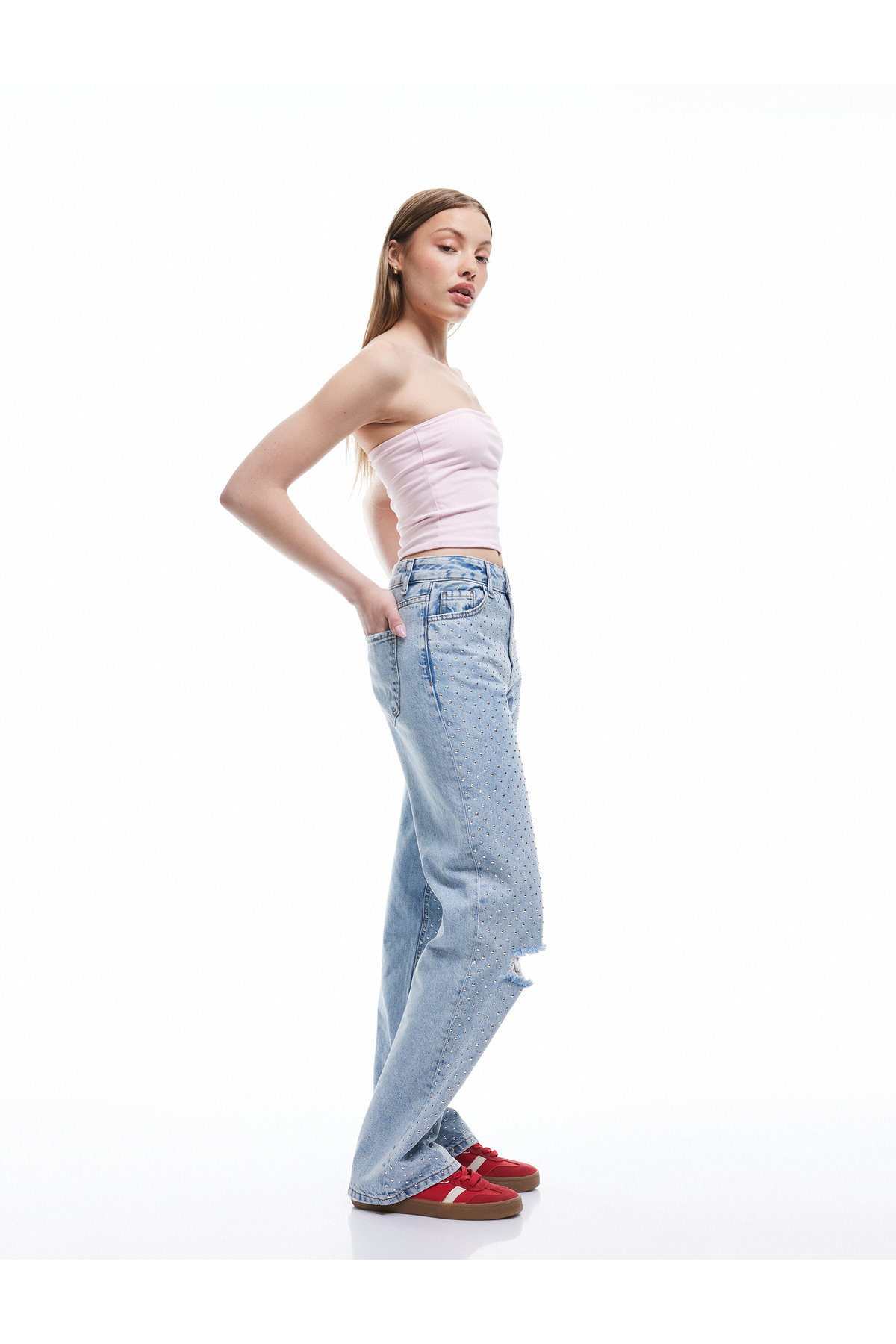 Pamuklu Yıpratma Detaylı Taşlı Straight Fit Jean Pantolon -  Longer Straight Fit Jean