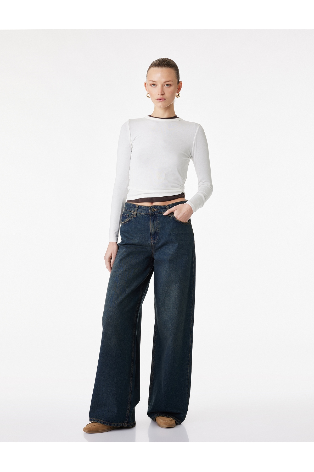 Rahat Kalıp Düz Paça Düğmeli Cepli Denim Pantolon - Loose Straight Fit Jean