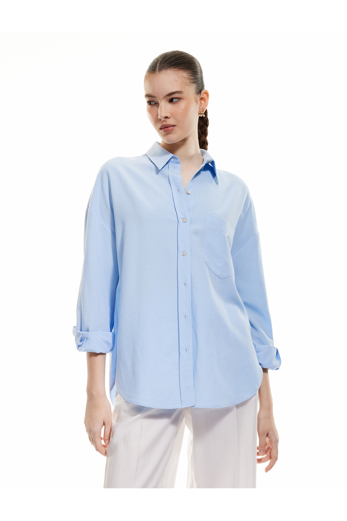 Regular Fit Gömlek Yaka Mavi Kadın Gömlek 5SAK60262UW