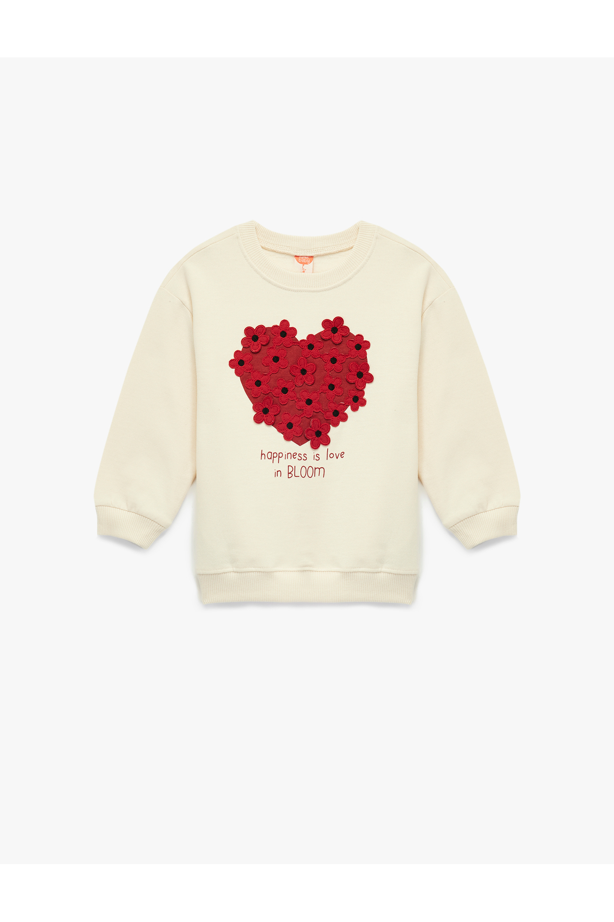 Şardonlu Uzun Kollu Bisiklet Yaka Kalp Baskılı Çiçek Aplikeli Pamuklu Sweatshirt
