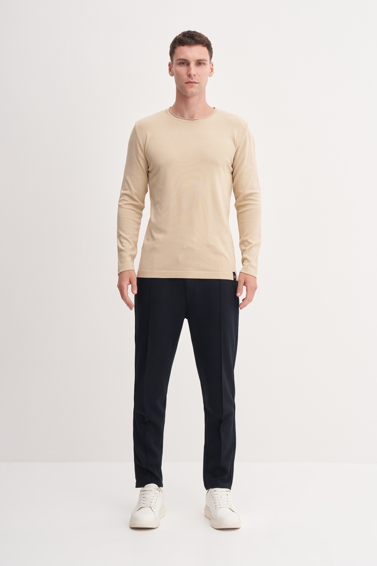 Slim Fit Cotonel Pamuk Karışımlı Vintage Bisiklet Yaka Kazak-30290