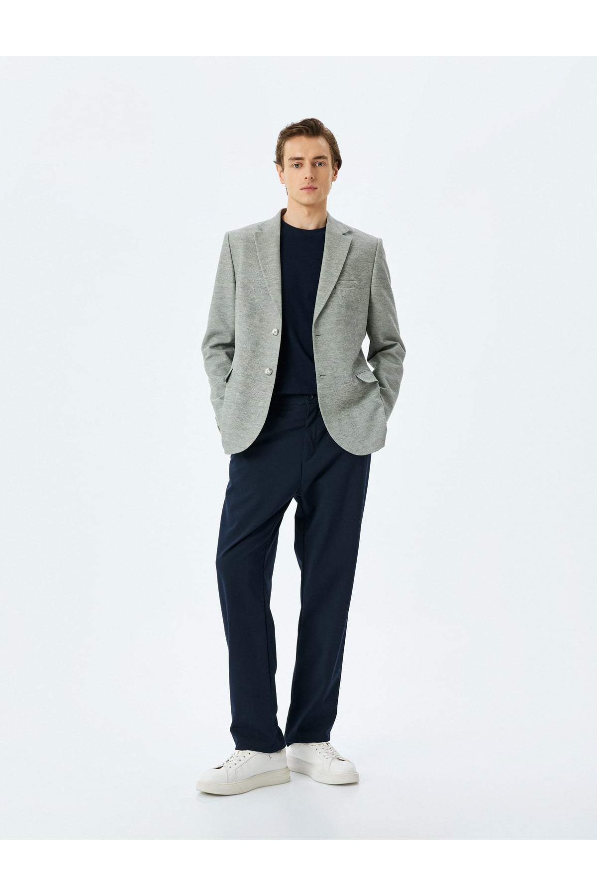 Slim Fit Düğmeli Pamuk Karışımlı Mono Yaka Klasik Blazer Ceket