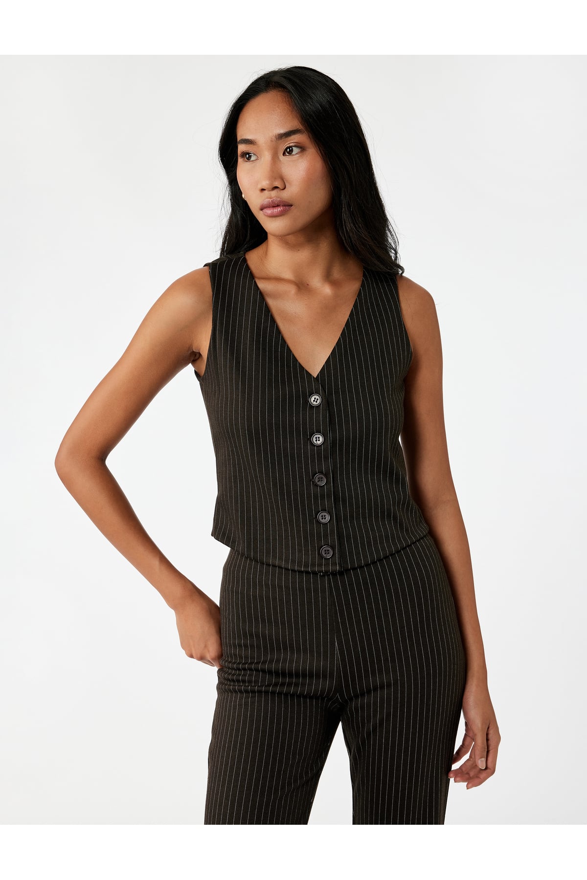 Slim Fit Düğmeli V Yaka Parıltılı Çizgili Yelek