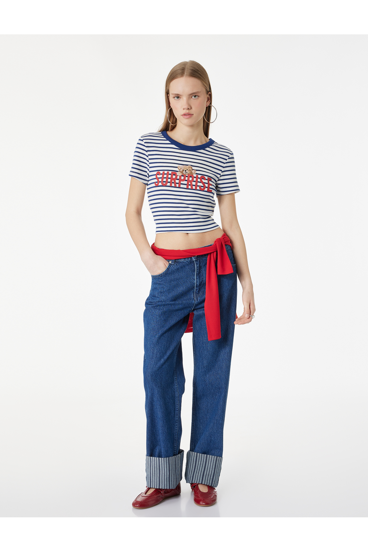 Slim Fit Kısa Kollu Bisiklet Yaka Ayıcık Baskılı Tişört
