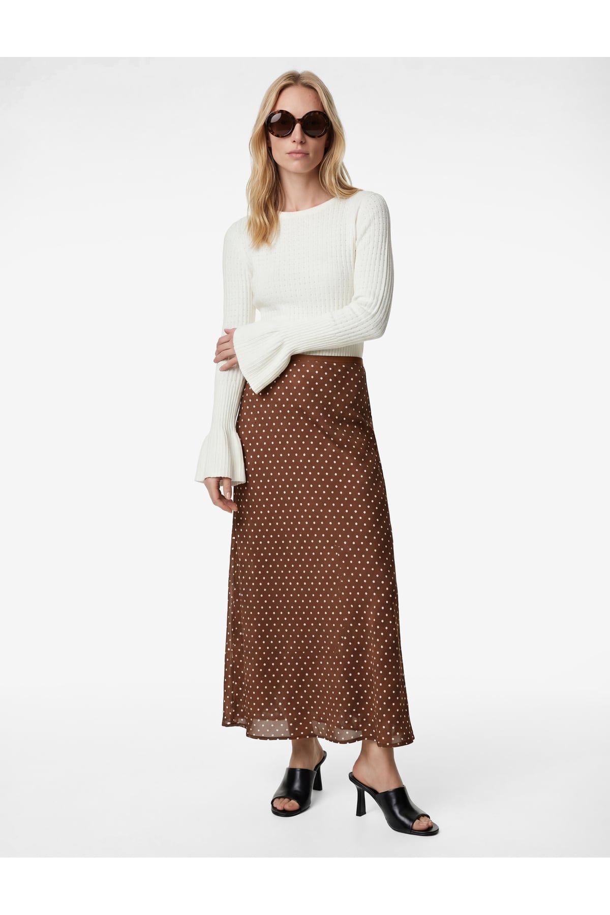 Slim Fit Puantiyeli Saten Midi Etek