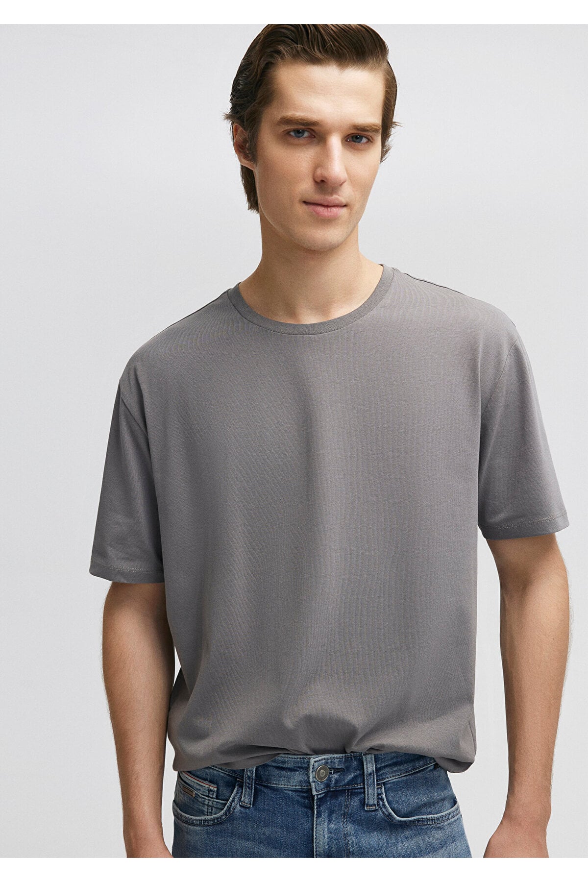 Stretch Gri Basic Tişört Loose Fit / Bol Rahat Kesim 0610136-80618